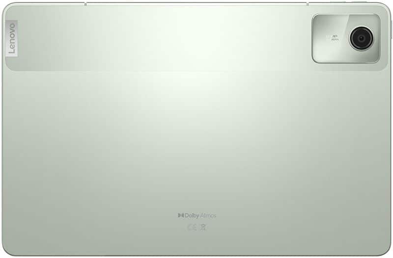Lenovo tablet rear view with light finish, top right camera, left Lenovo logo, and Dolby Atmos branding at center.