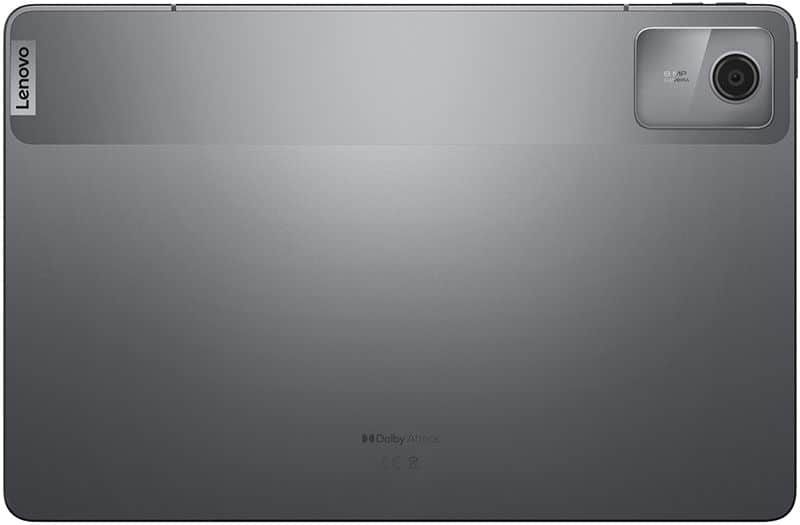 Lenovo tablet rear view with gray metallic finish, top-right camera, left-side logo, and Dolby Atmos branding at the bottom.