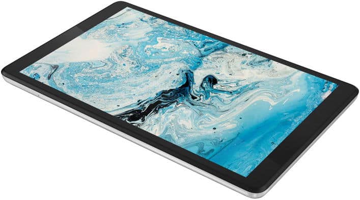 Black and silver tablet, front view, lying flat on white surface with blue and white abstract display. Brand/model not specified.