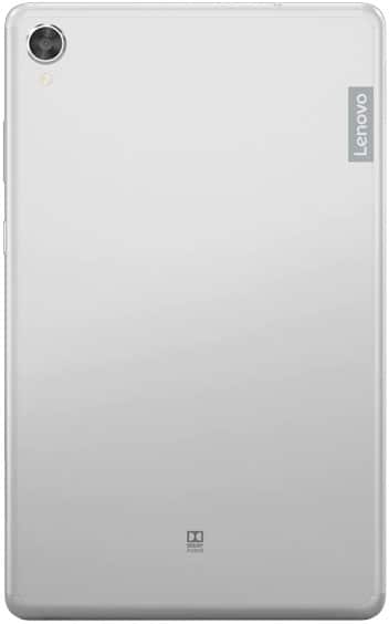 Rear view of a silver Lenovo tablet with rear camera in top left and vertical Lenovo logo on the upper right.
