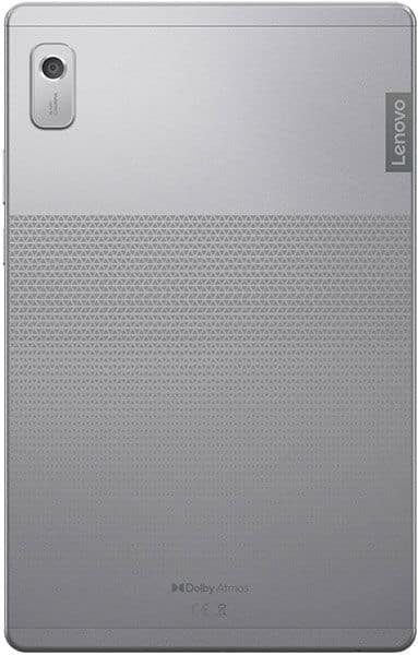 Rear view of silver Lenovo tablet, likely Tab series, with top-left camera, right Lenovo logo, geometric pattern, Dolby Atmos badge.