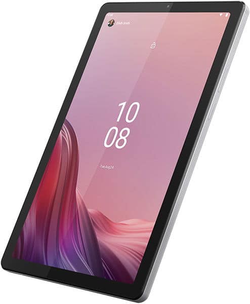 Lenovo Tab M10 in black, three-quarter view; display shows pink-purple wallpaper, 10:08 AM, August 24, lock icon top center.
