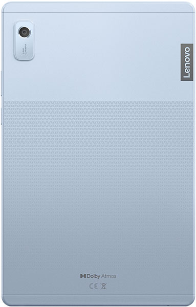 Rear view of Lenovo tablet in light blue with top-left camera, Lenovo and Dolby Atmos logos, and textured lower half.