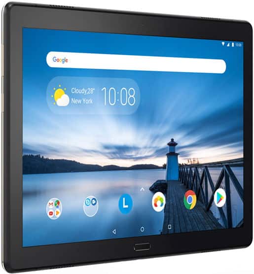 Front view of a tablet with scenic wallpaper and app icons, display visibly corrupted by pixelated diagonal bands and distortion.