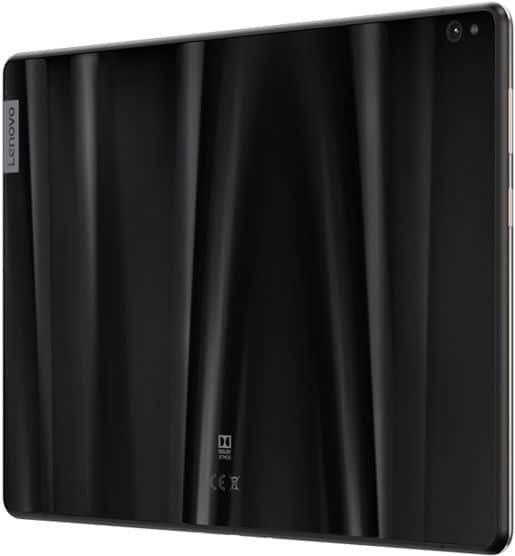 Rear view of a black tablet with diagonal textured stripes, glossy finish, and rounded edges on a white background. Brand unspecified.