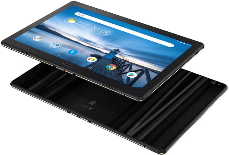 Two Samsung Galaxy Tab tablets, one front view with home screen, one rear view showing logo and camera; both slim, rounded edges.