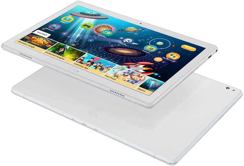 Front view: Samsung Galaxy Tab A displaying a kids’ app; rear view shows camera and speaker grilles on white tablet.