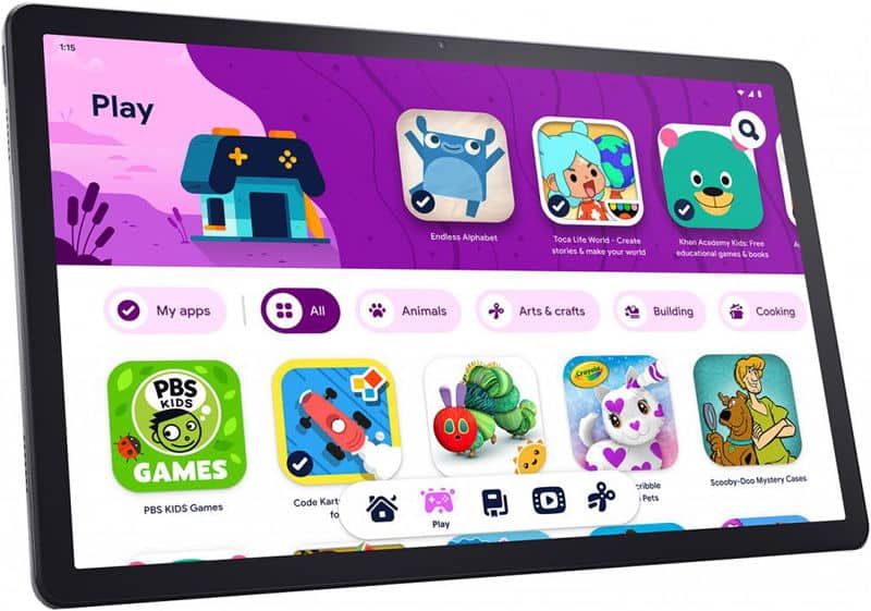 Front view of a tablet showing kids’ app interface with colorful category icons for Animals, Arts & Crafts, Building, and Cooking.