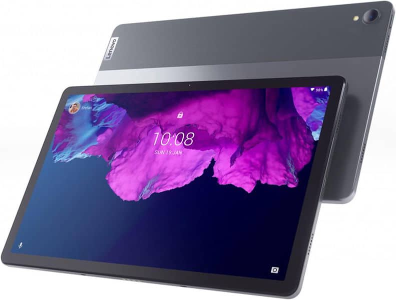 Lenovo tablets front view (home screen, 10:08, purple-black wallpaper) and rear view (camera in top corner) shown side by side.
