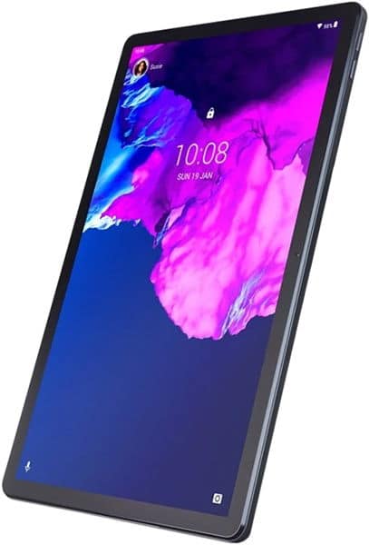 Black tablet, likely Lenovo Tab P11, front angled view with purple-blue abstract screen, 10:08 time, Jan 19 date displayed.