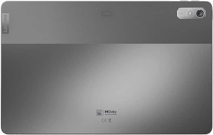 Lenovo Tab rear view in gray with top right camera, left Lenovo branding, and JBL/Dolby Vision Atmos logos at the bottom.