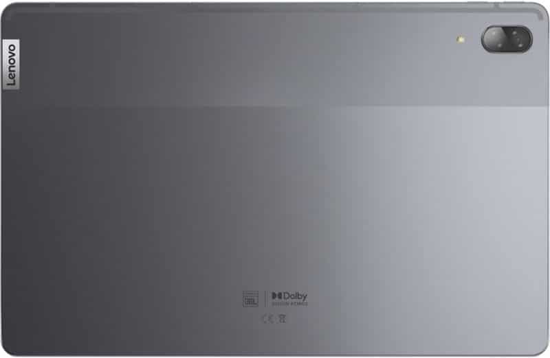 Rear view of gray Lenovo tablet, camera and flash top right, Lenovo logo left, JBL and Dolby Vision Atmos logos near the bottom.