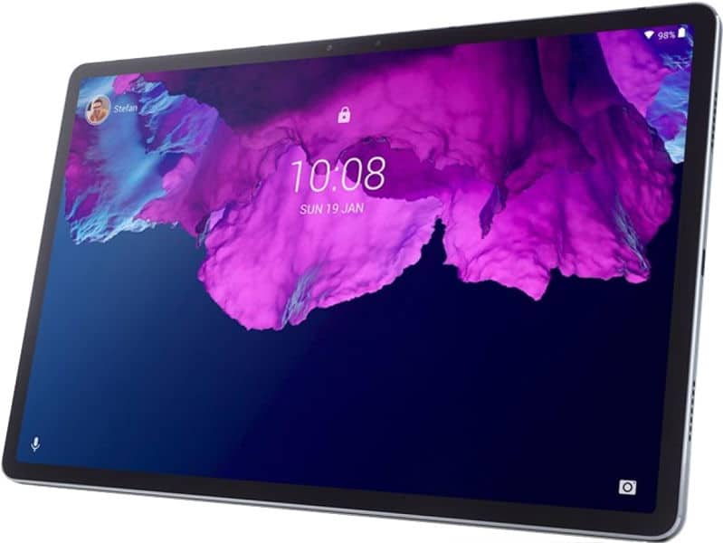 Front angled view of a tablet showing lock screen (10:08, Sunday, Jan 19) with a purple and blue abstract background.
