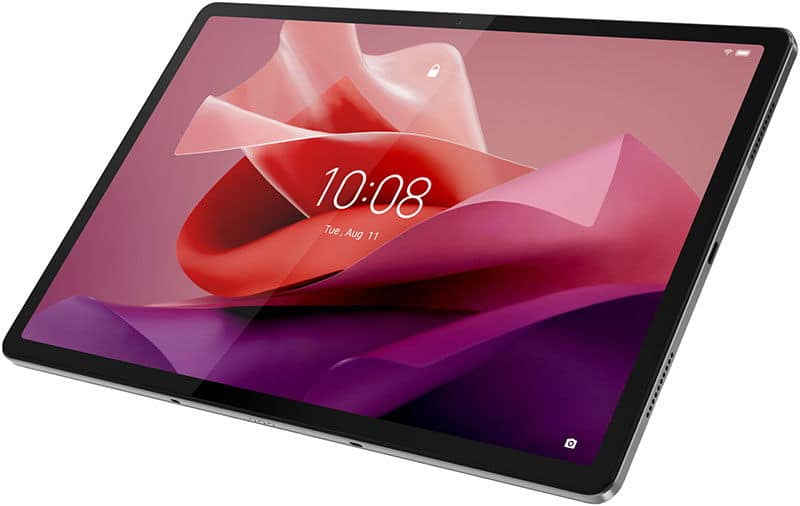 Front view of a black-framed tablet displaying 10:08 and date Tue, Aug 11 on screen with red and pink abstract wallpaper.