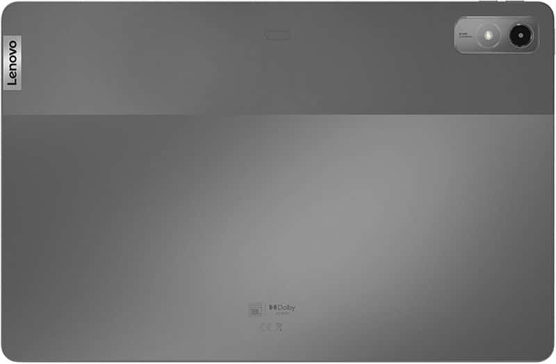 Rear view of gray Lenovo tablet showing Lenovo logo, rear camera with flash (top right), and certification logos (bottom center).