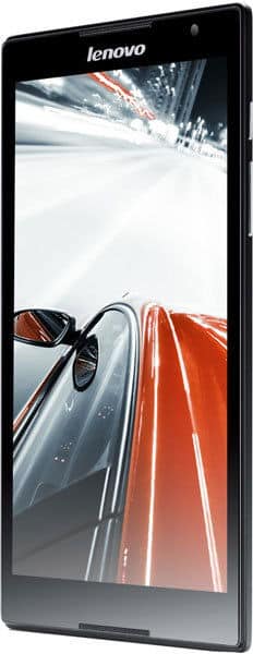 Front view of a Lenovo smartphone displaying a red car driving through a city at night with motion blur on the screen.