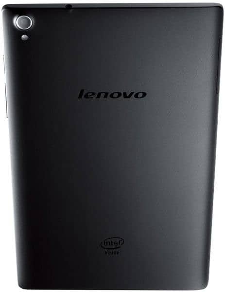 Rear view of black Lenovo tablet with centered Lenovo logo, Intel Inside logo at bottom, and rear camera on top left.