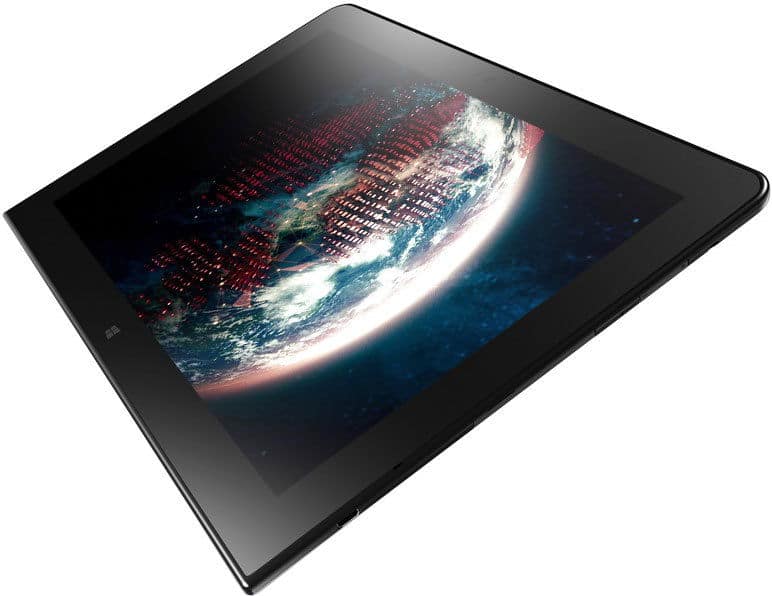 Black tablet, angled front view, screen displaying Earth from space with visible illuminated city lights.
