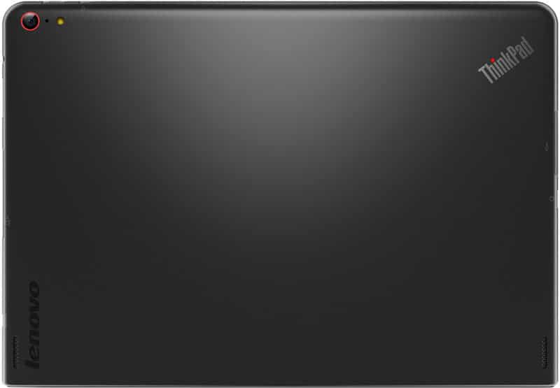 Rear view of a black Lenovo ThinkPad tablet with Lenovo and ThinkPad logos, rear camera top left, and a matte finish.