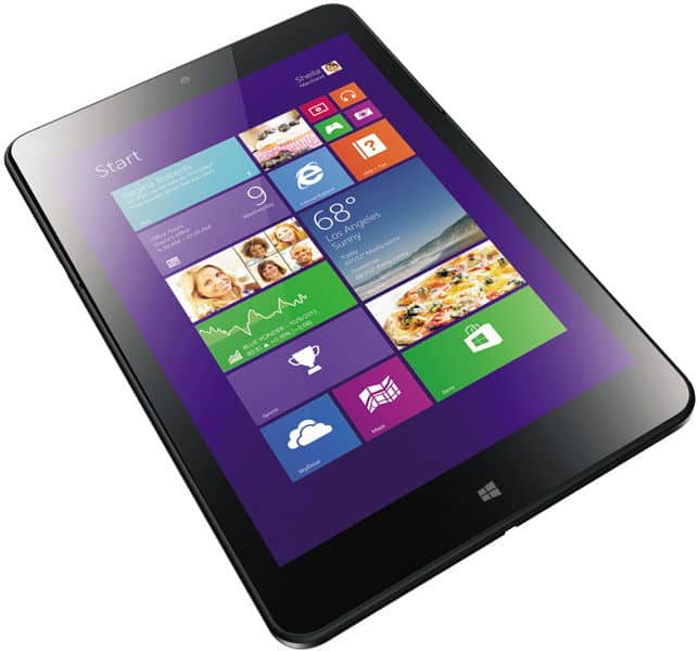Microsoft Surface tablet showing angled front view with Windows 8 start screen and colorful app tiles on a white background.