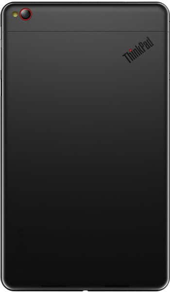 Lenovo ThinkPad tablet rear view, black finish, small rear camera with red accent in top left, ThinkPad logo top right.