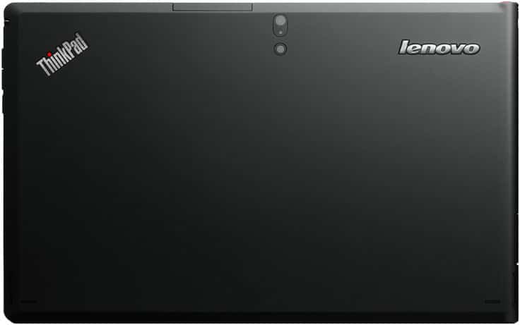 Rear view of Lenovo ThinkPad tablet showing logos, rear camera, and secondary sensor on upper side.