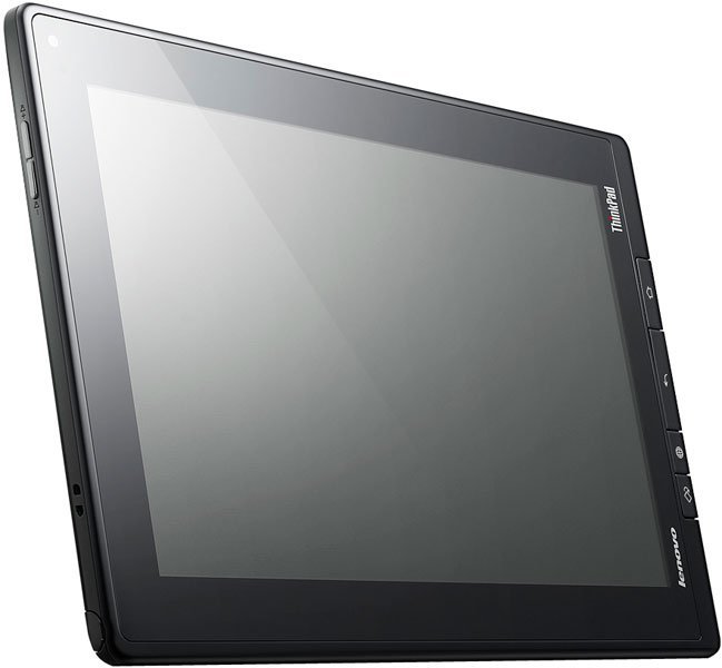 Lenovo ThinkPad tablet in black from angled side view, screen on display, physical buttons visible along right edge.