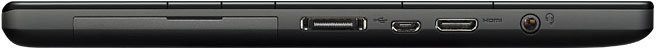 Side view of a laptop showing ports: memory card slot, VGA, HDMI, USB, and headphone jack. Brand and model not specified.