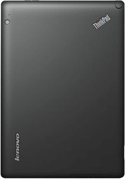 Rear view of Lenovo ThinkPad tablet, with Lenovo and ThinkPad logos on opposite corners and camera in the top left corner.