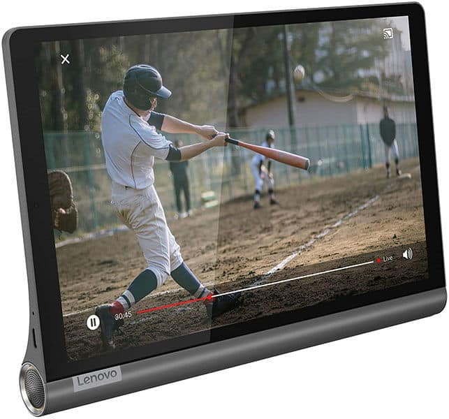 Front view of Lenovo tablet showing paused baseball video playback with timeline and control icons visible on the screen.