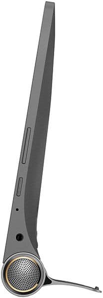 Side view of Lenovo Yoga Tab, showing cylindrical speaker base, extended kickstand, and side buttons and ports.