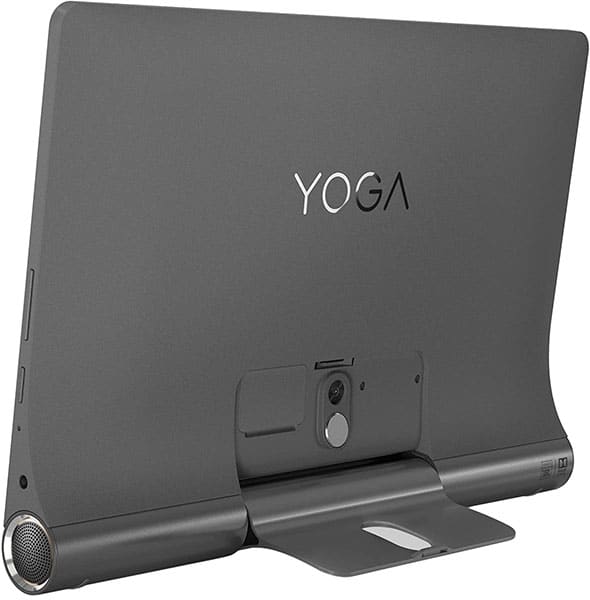 Lenovo Yoga tablet rear view with extended kickstand, visible rear camera, and Yoga logo on the back panel.