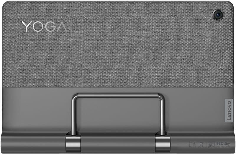 Rear view of Lenovo Yoga tablet with fabric-textured top, rear camera, bottom kickstand, and Lenovo logo on the side.