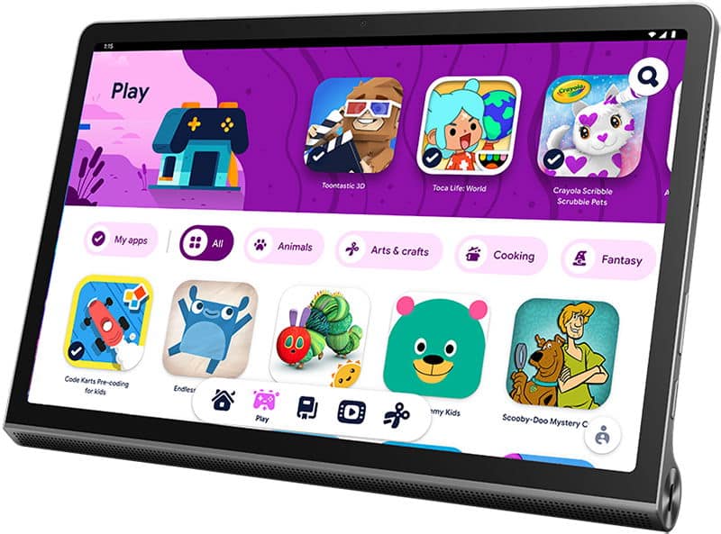 Front view of a tablet showing a colorful children's app menu with icons for games, animals, arts, cooking, and fantasy.