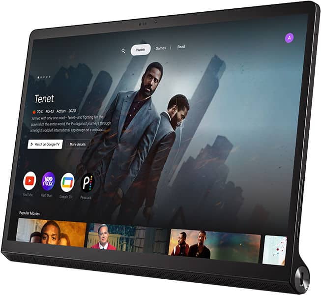 Front view of a tablet showing "Tenet" on a streaming app interface, with app icons and movie thumbnails below. Brand unspecified.