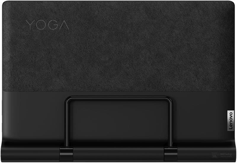 Lenovo Yoga tablet rear view with textured top, "YOGA" branding, smooth lower section, kickstand, and small Lenovo logo.