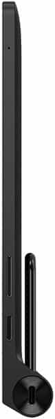 Side view of thin black tablet with cylindrical base and rear-attached pen, side buttons and slots visible. Brand/model unspecified.