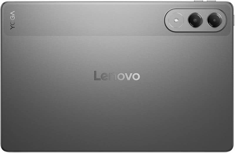 Lenovo Yoga tablet rear view with central Lenovo logo, top left YOGA label, dual cameras and flash in the top right corner.