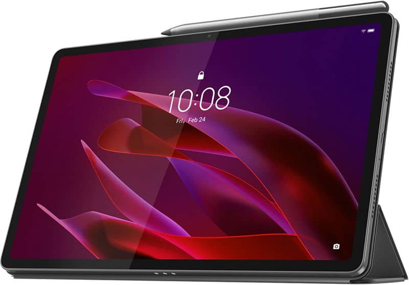 Front view of Lenovo Tab P11 with stylus on top, screen shows 10:08, Feb 24, red abstract wallpaper; propped in case.