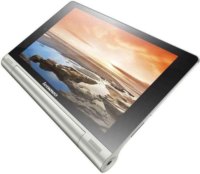 Lenovo Yoga Tablet shown from a side-front angle, screen displaying a rocky shoreline at sunset. Cylindrical base visible.