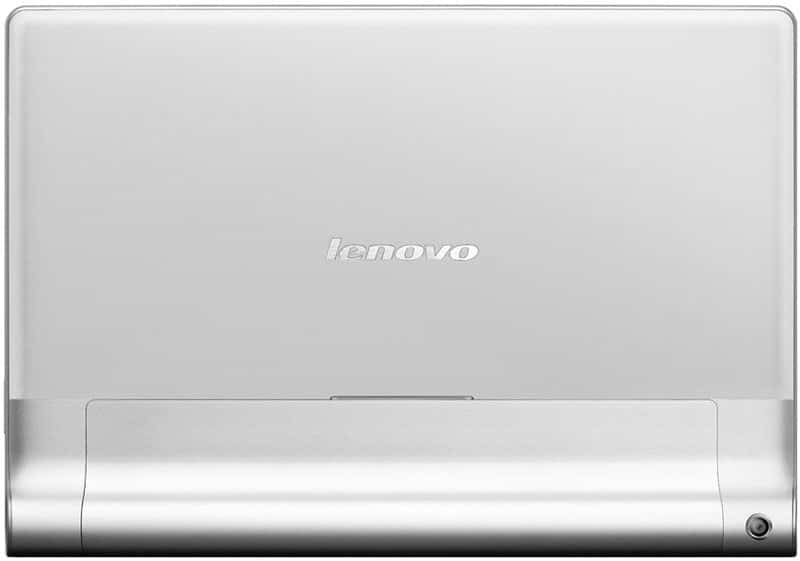 Rear view of closed silver Lenovo laptop with centered Lenovo logo and round power button on lower right corner of lid.