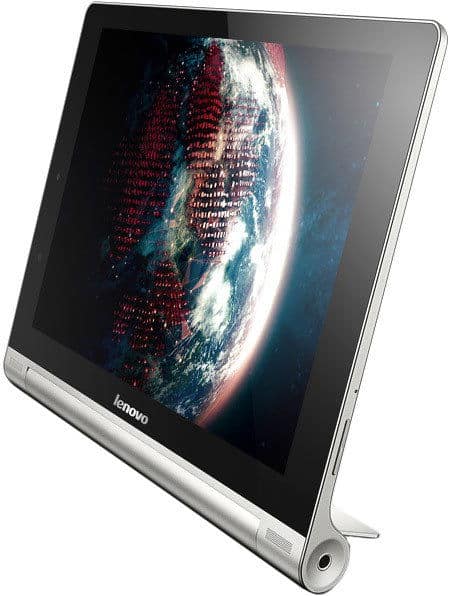 Front view of a silver Lenovo tablet on its kickstand, screen showing Earth with red-lit regions.