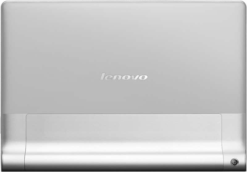 Rear view of silver Lenovo tablet, logo centered, smooth finish, visible hinge or stand at the bottom. Model not specified.