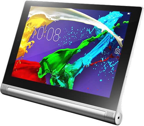 Lenovo Yoga Tab, front view, on cylindrical kickstand displaying a vibrant abstract screen with the time 10:08 top left.