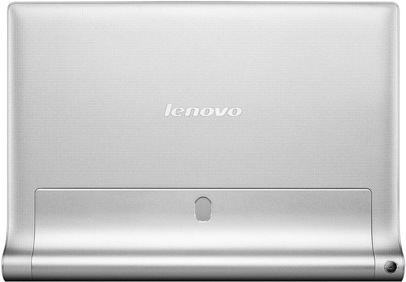 Rear view of a silver Lenovo tablet, central Lenovo logo, built-in kickstand, and a small camera in the lower right corner.
