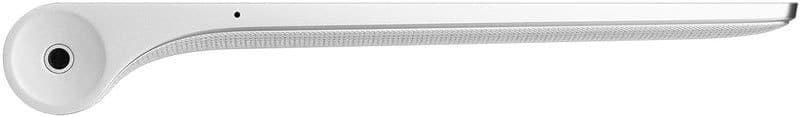 Side view of Apple iPad Air, slim silver body, rounded end, circular port, and textured grip along the edge.