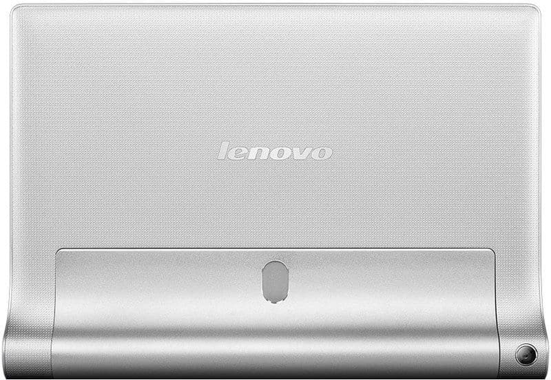Rear view of silver Lenovo tablet with centered Lenovo logo, visible kickstand, and camera on lower right corner.