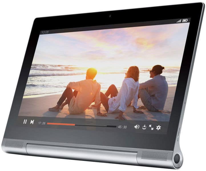 Front view of a Samsung Galaxy Tab S8 on its stand, playing a sunset beach video paused at 17:28.
