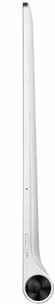 Side view of Apple iPad Air, silver finish, rounded edges, circular home button at bottom, buttons along the edge.