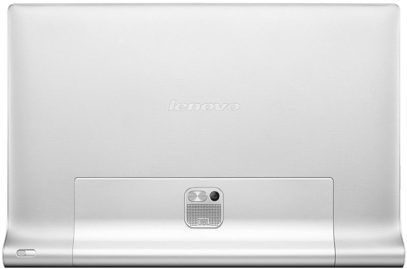 Rear view of silver Lenovo tablet, center logo, rear camera, speaker, and lower kickstand. Model appears to be Lenovo Yoga series.